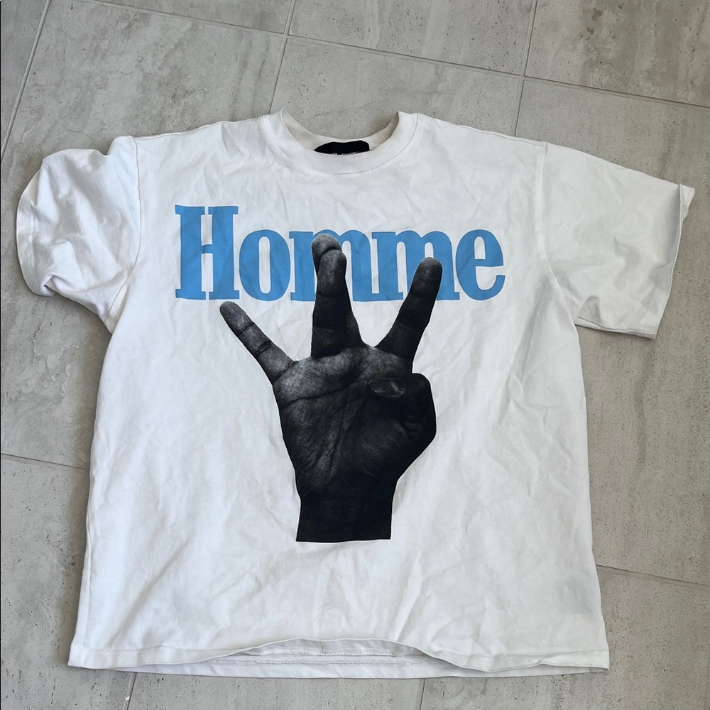White T-Shirt with Blue Homme Print